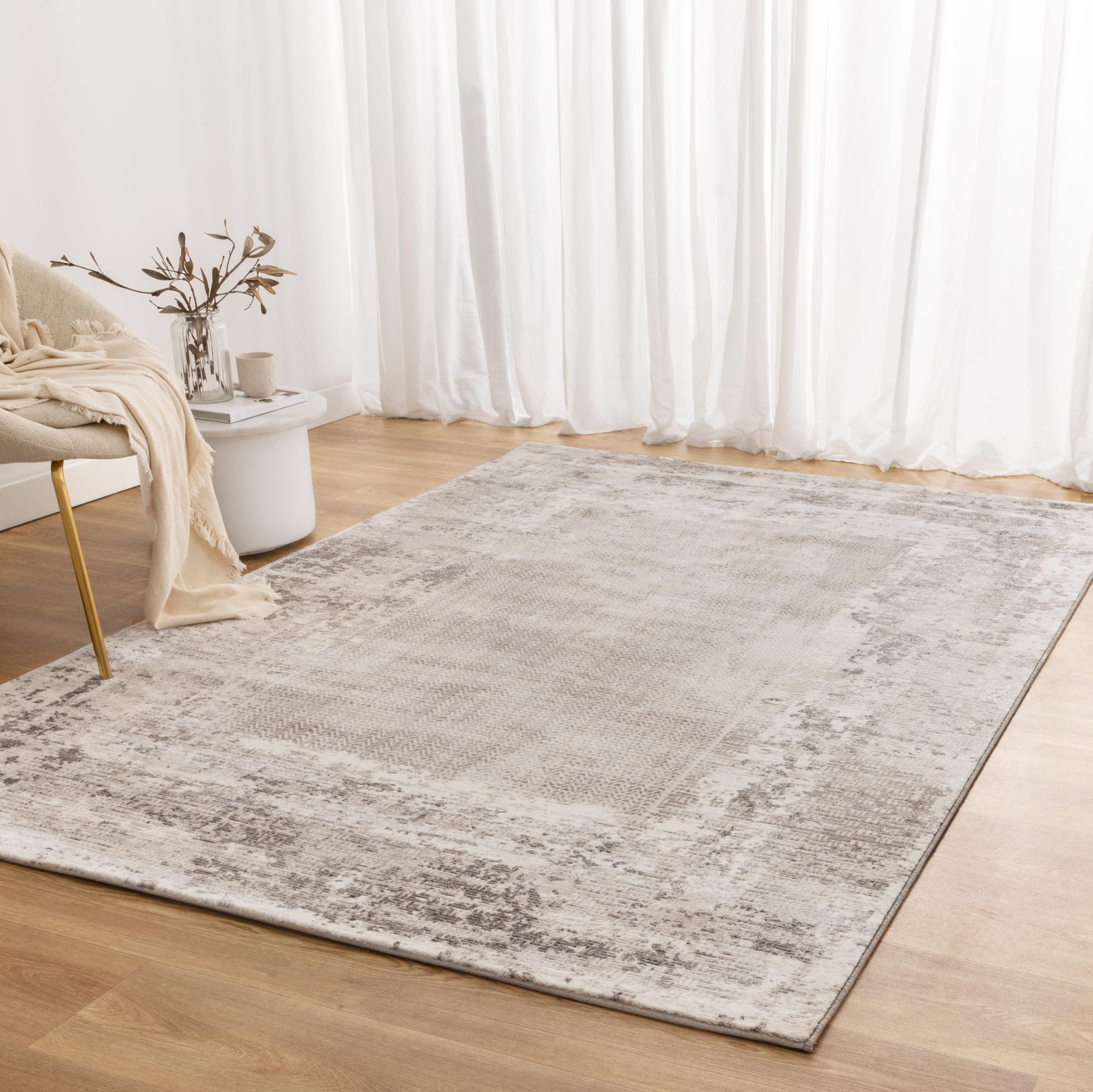 Atina Distressed Border Beige Grey Rug - AT04.