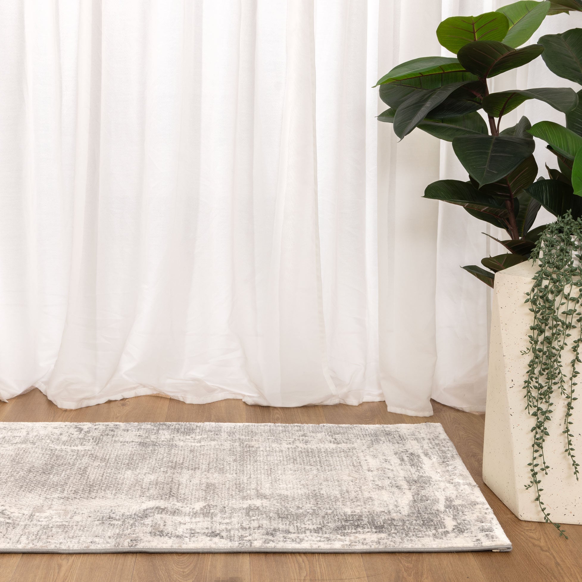 Atina Distressed Border Beige Grey Rug - AT04.