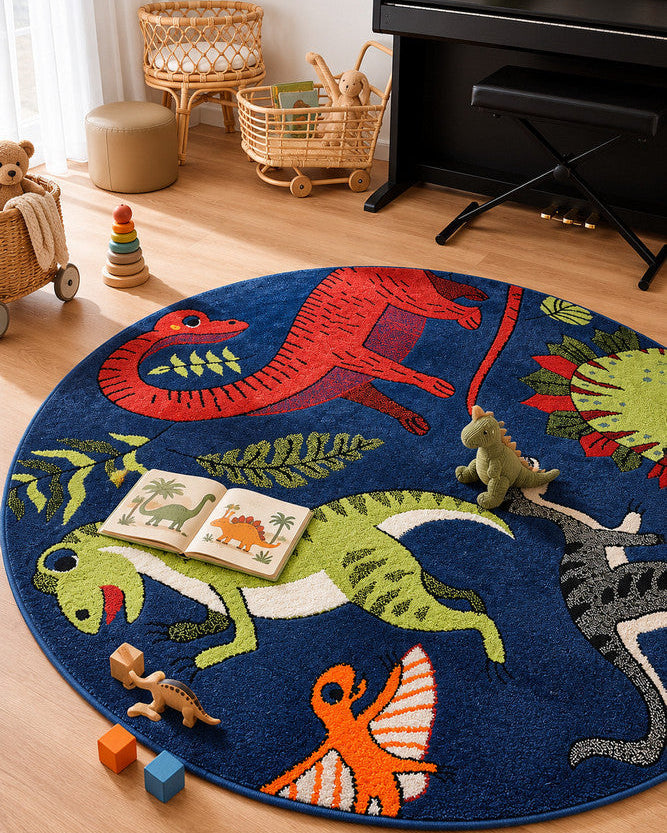 Cotton Candy E925A Dinosaur Blue ROUND - Blue kids rug from Vogue Rugs Australia