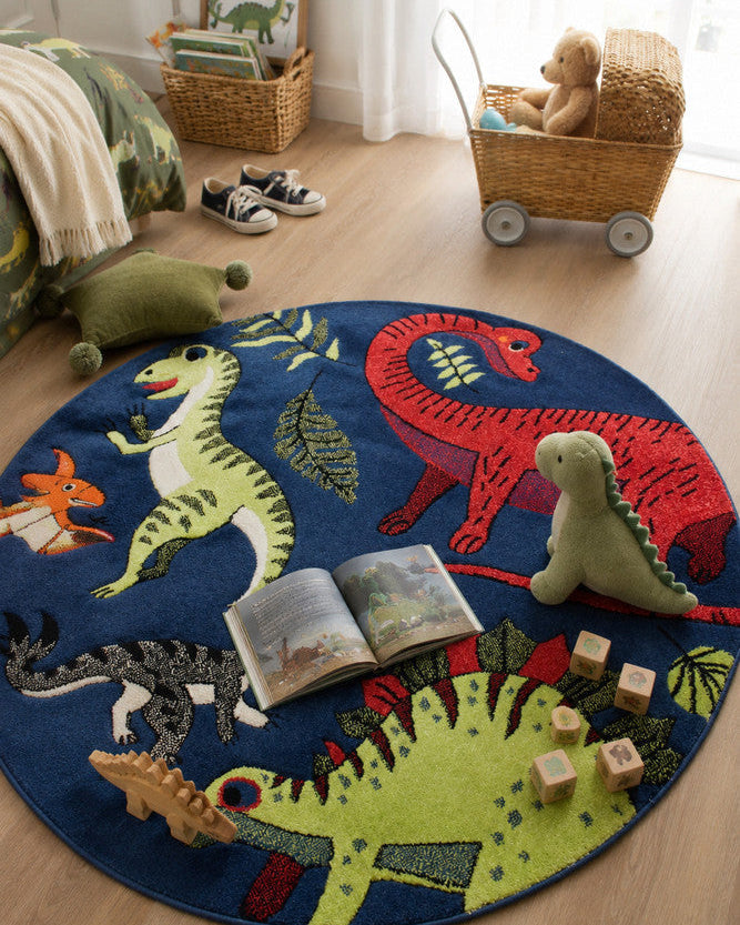 Cotton Candy E925A Dinosaur Blue ROUND - Blue kids rug from Vogue Rugs Australia