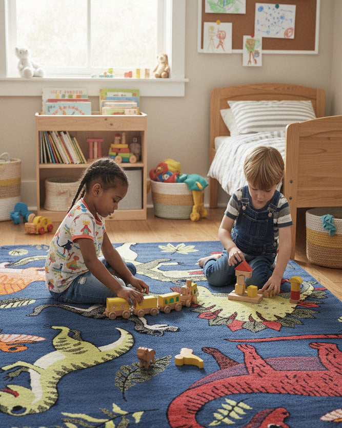 Cotton Candy E925A Dinosaur Blue - Blue kids rug from Vogue Rugs Australia