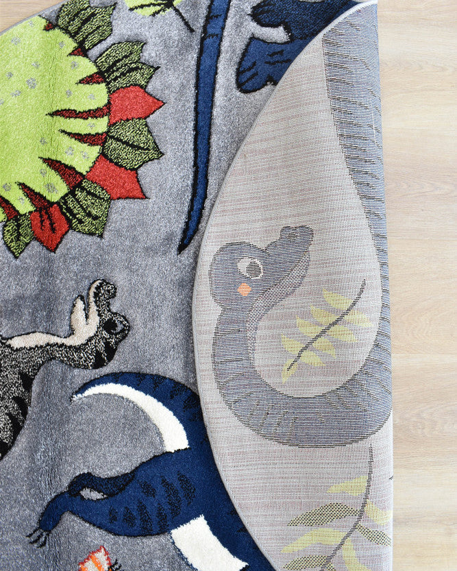 Cotton Candy E925A Dinosaur Grey ROUND - Grey kids rug from Vogue Rugs Australia