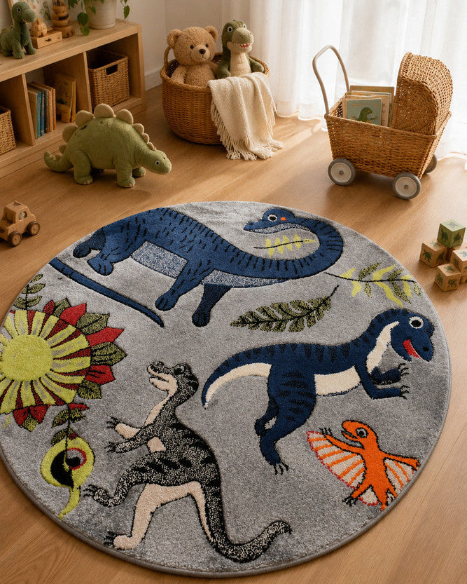 Cotton Candy E925A Dinosaur Grey ROUND - Grey kids rug from Vogue Rugs Australia