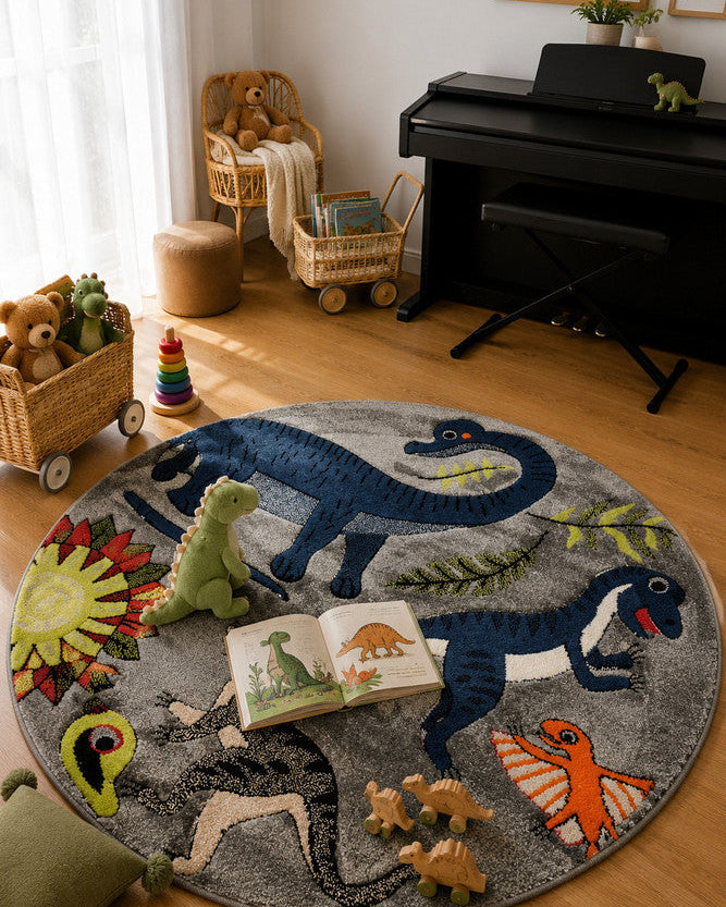 Cotton Candy E925A Dinosaur Grey ROUND - Grey kids rug from Vogue Rugs Australia