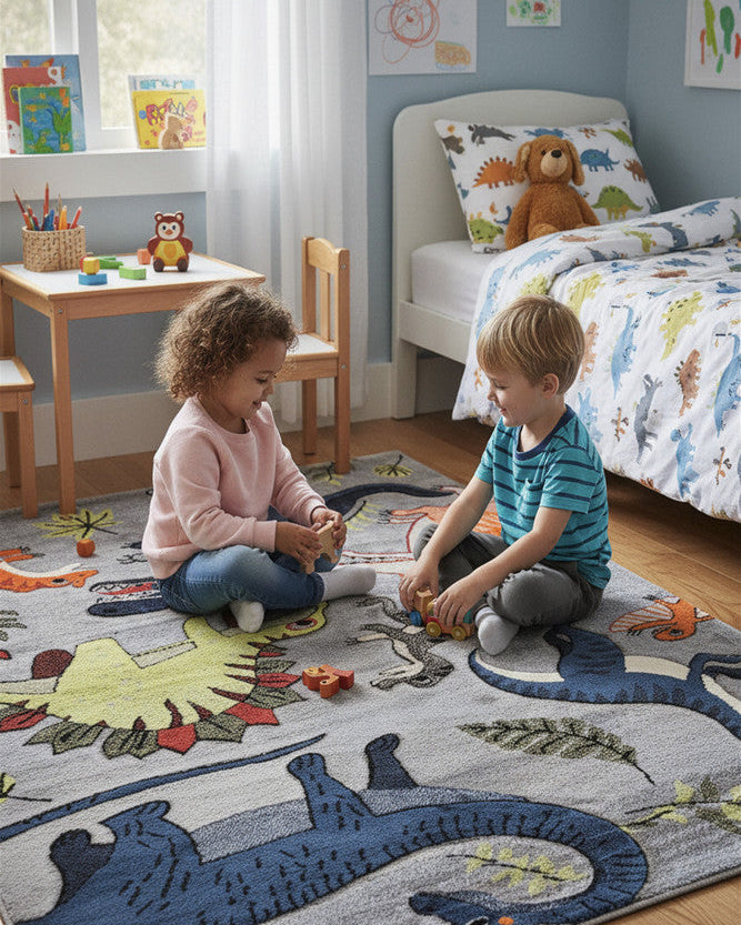 Cotton Candy E925A Dinosaur Grey - Grey kids rug from Vogue Rugs Australia