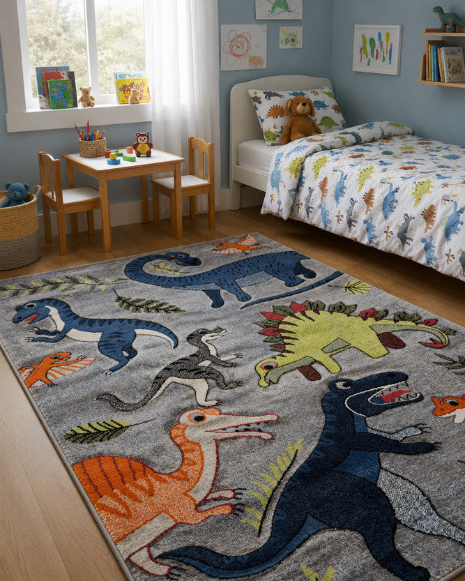 Cotton Candy E925A Dinosaur Grey - Grey kids rug from Vogue Rugs Australia