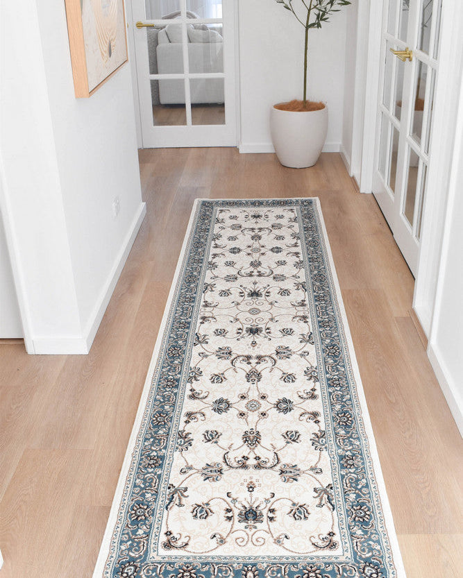 Riviera Traditional 84 Cream Blue Runner - Blue traditional rug from Vogue Rugs Australia