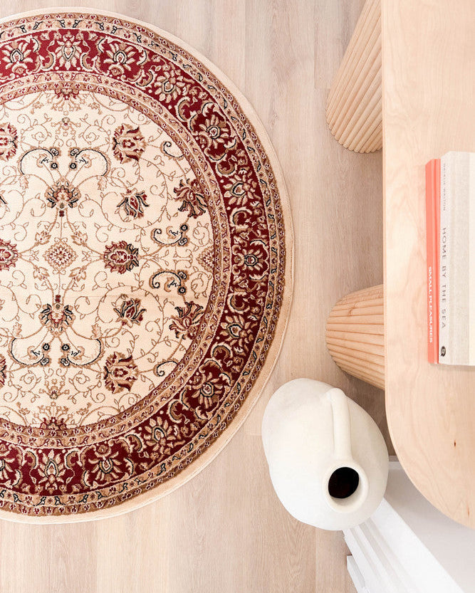 Riviera Traditional 84 Cream Red Round Rug - Cream traditional rug from Vogue Rugs Australia