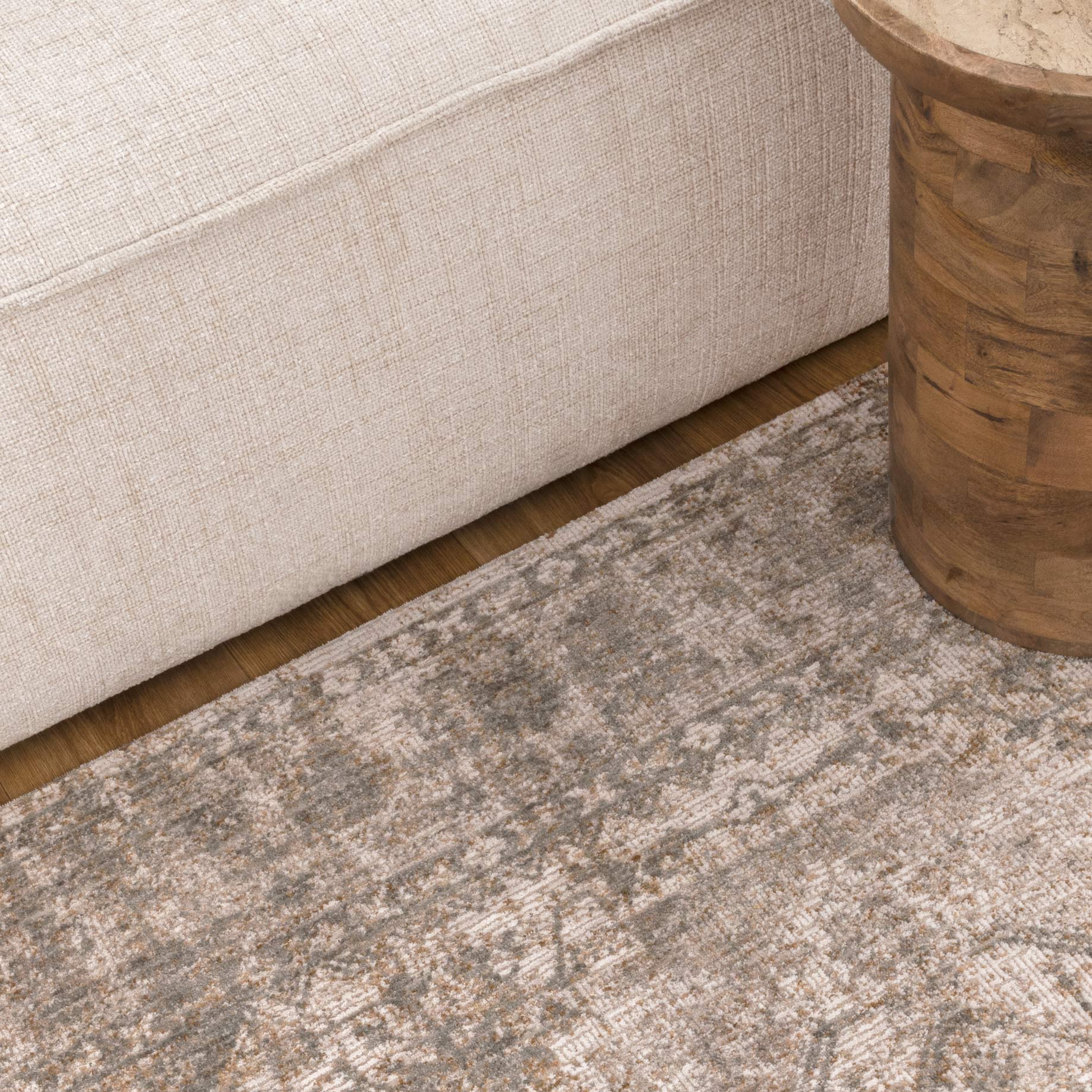 Solenne Cream & Olive Distressed Medallion Vintage Rug - S600 - Cream vintage rug from Vogue Rugs Australia