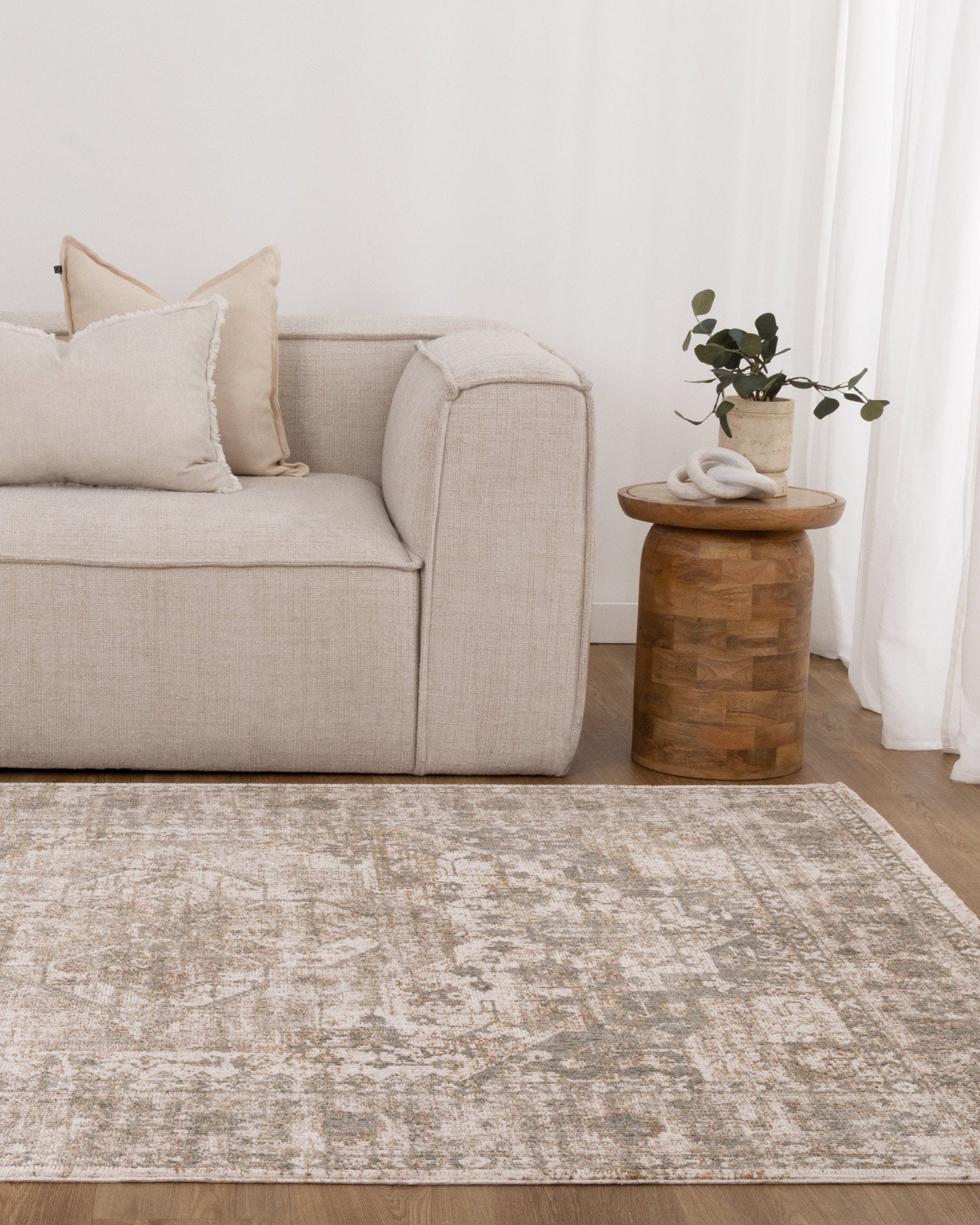Solenne Cream & Olive Distressed Medallion Vintage Rug - S600 - Cream vintage rug from Vogue Rugs Australia