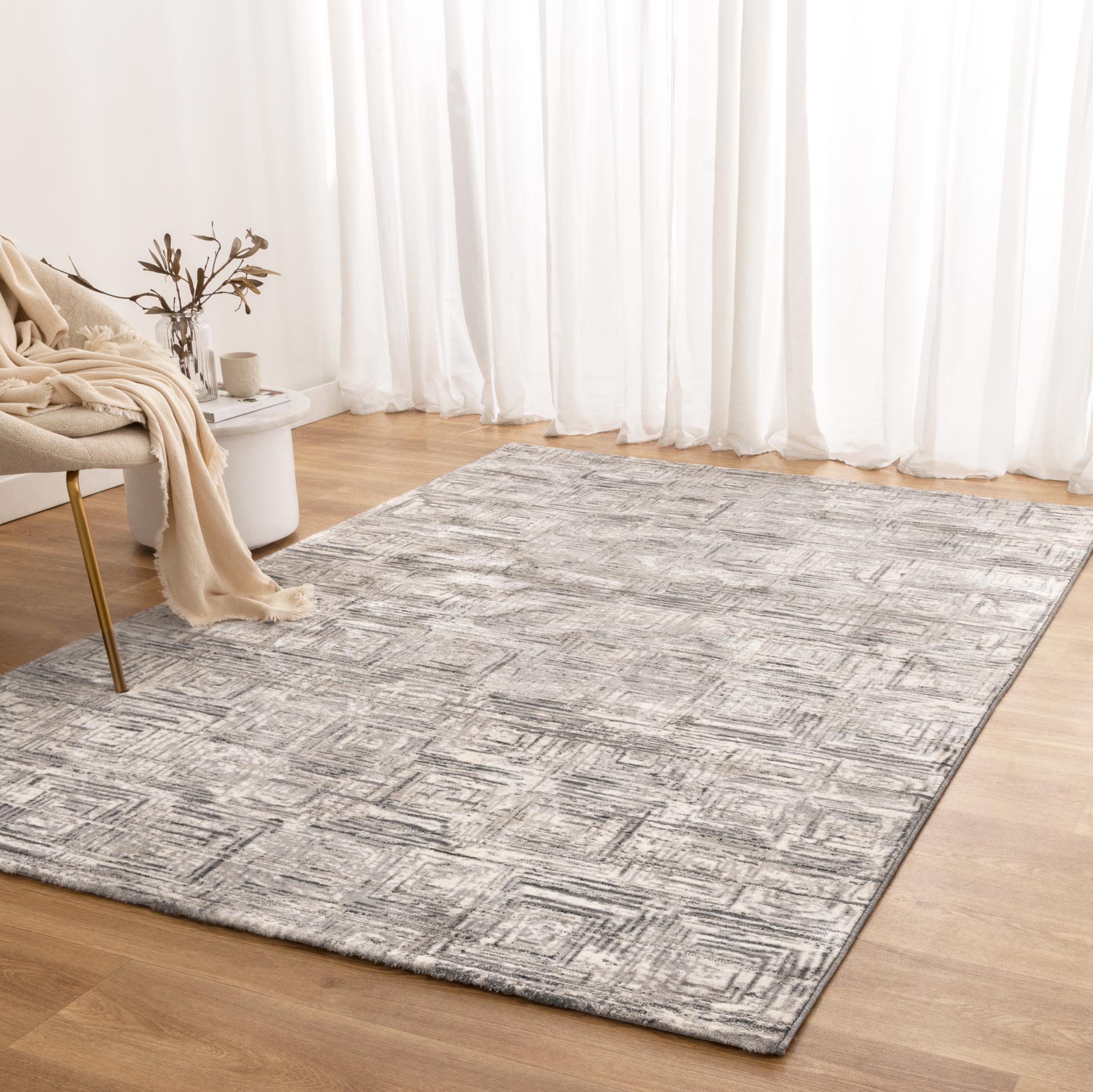 Atina Distressed Geo Squares Grey Rug - AT03.