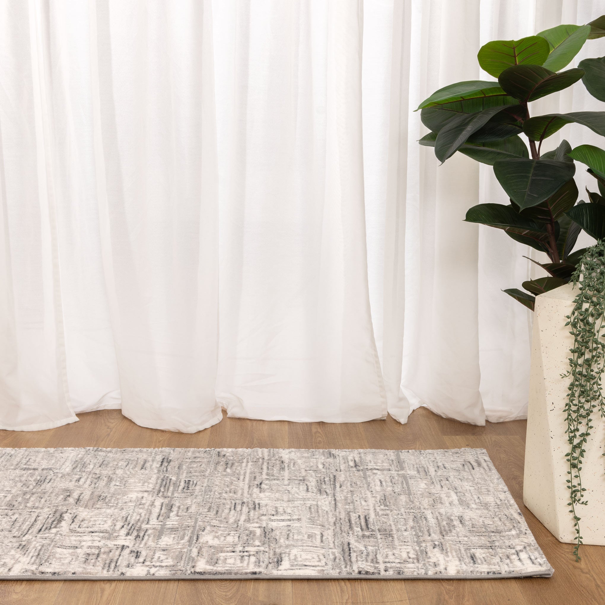 Atina Distressed Geo Squares Grey Rug - AT03.