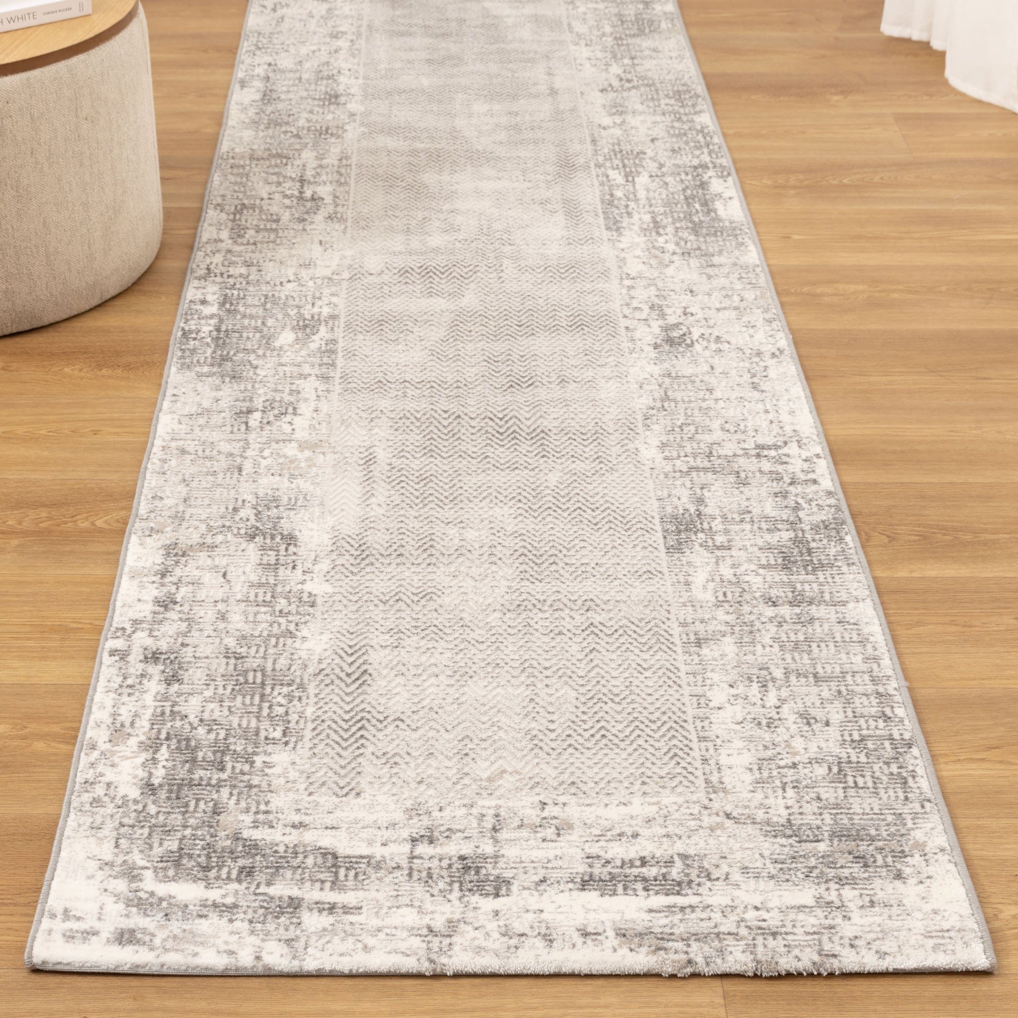 Atina Distressed Border Beige Grey Rug - AT04.