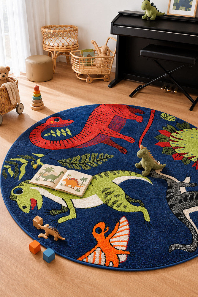Cotton Candy E925A Dinosaur Blue ROUND - Blue kids rug from Vogue Rugs Australia