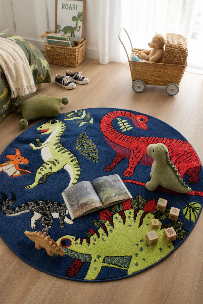Cotton Candy E925A Dinosaur Blue ROUND - Blue kids rug from Vogue Rugs Australia