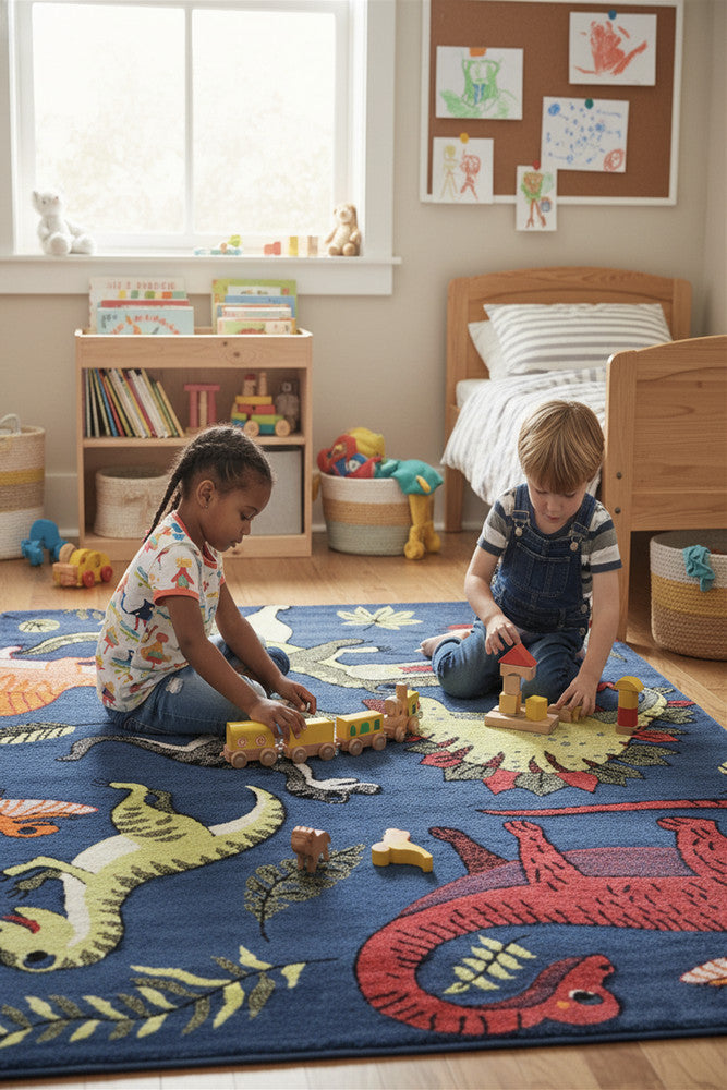 Cotton Candy E925A Dinosaur Blue - Blue kids rug from Vogue Rugs Australia