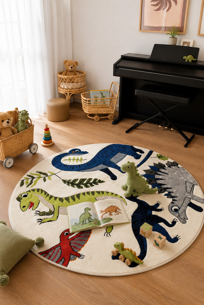 Cotton Candy E925A Dinosaur Cream ROUND - Cream kids rug from Vogue Rugs Australia