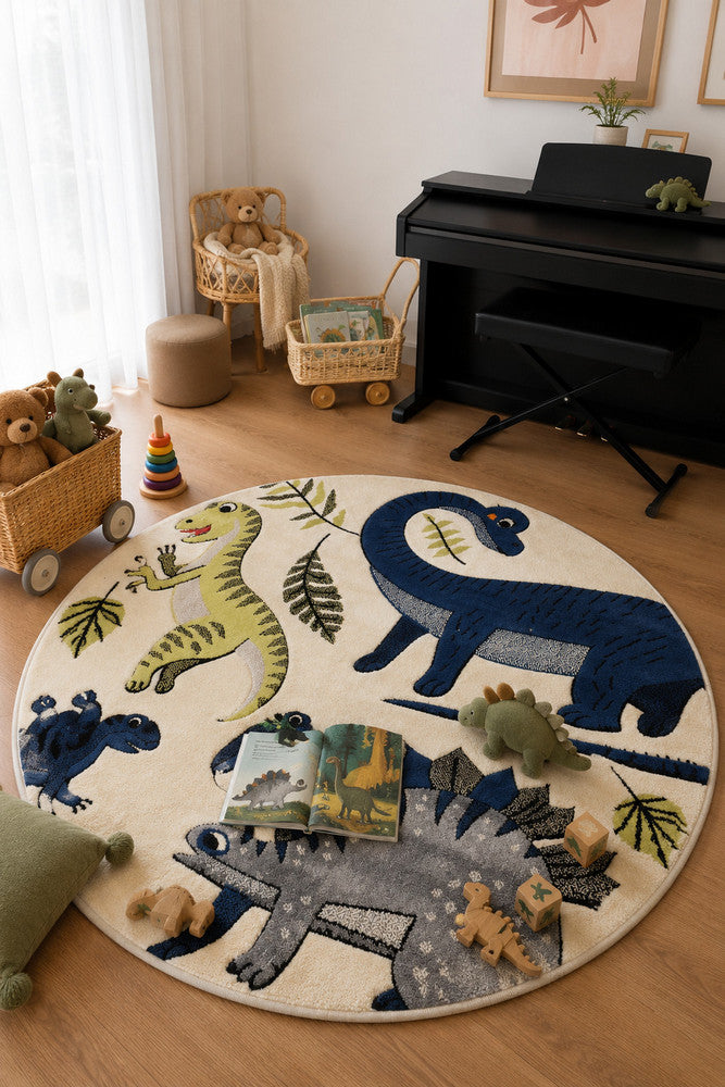 Cotton Candy E925A Dinosaur Cream ROUND - Cream kids rug from Vogue Rugs Australia