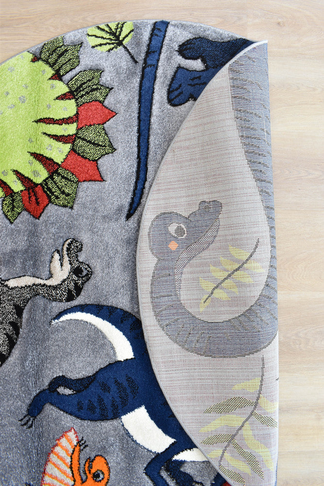 Cotton Candy E925A Dinosaur Grey ROUND - Grey kids rug from Vogue Rugs Australia