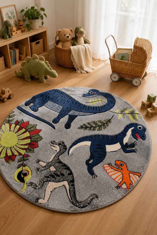 Cotton Candy E925A Dinosaur Grey ROUND - Grey kids rug from Vogue Rugs Australia
