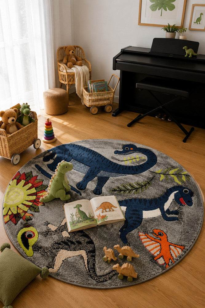Cotton Candy E925A Dinosaur Grey ROUND - Grey kids rug from Vogue Rugs Australia