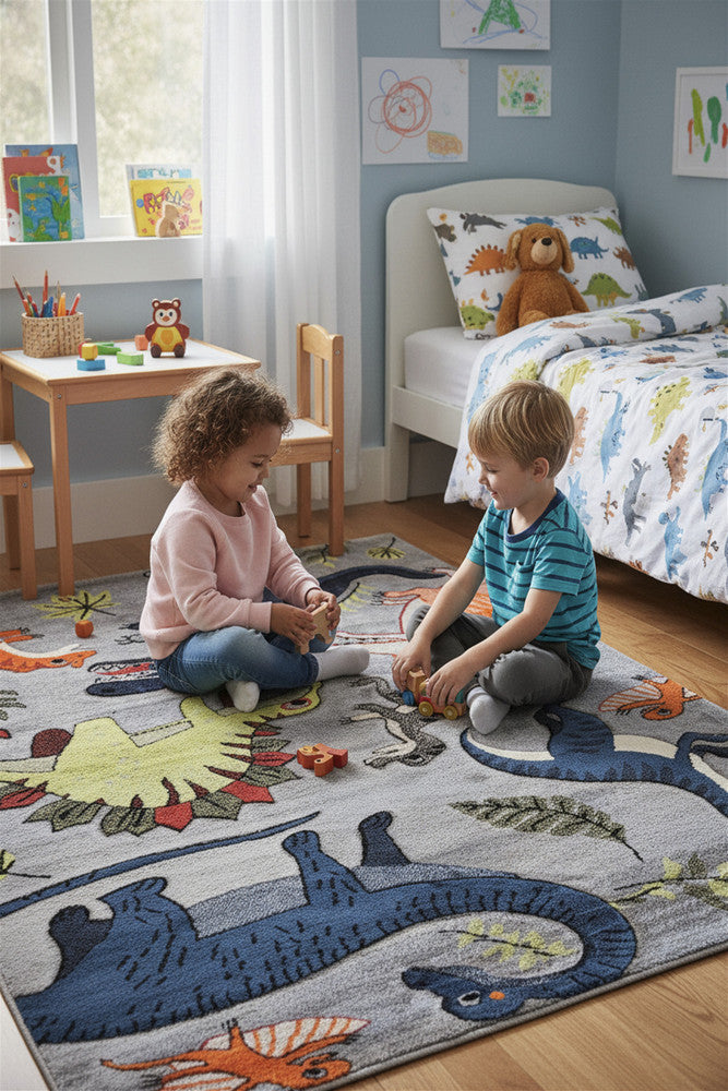Cotton Candy E925A Dinosaur Grey - Grey kids rug from Vogue Rugs Australia