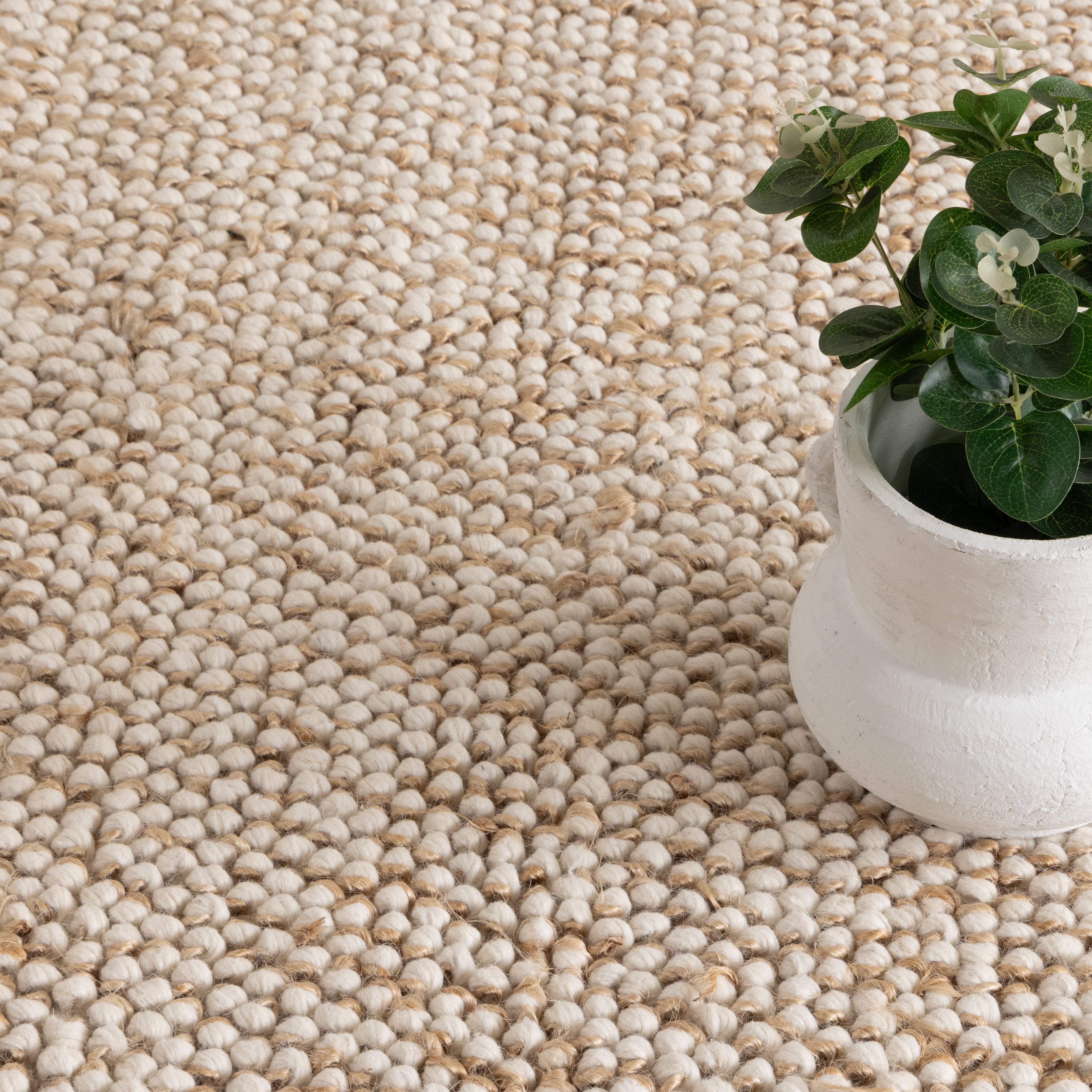 Eco Weave Checkered Border Cream Beige Jute and Wool Rug.