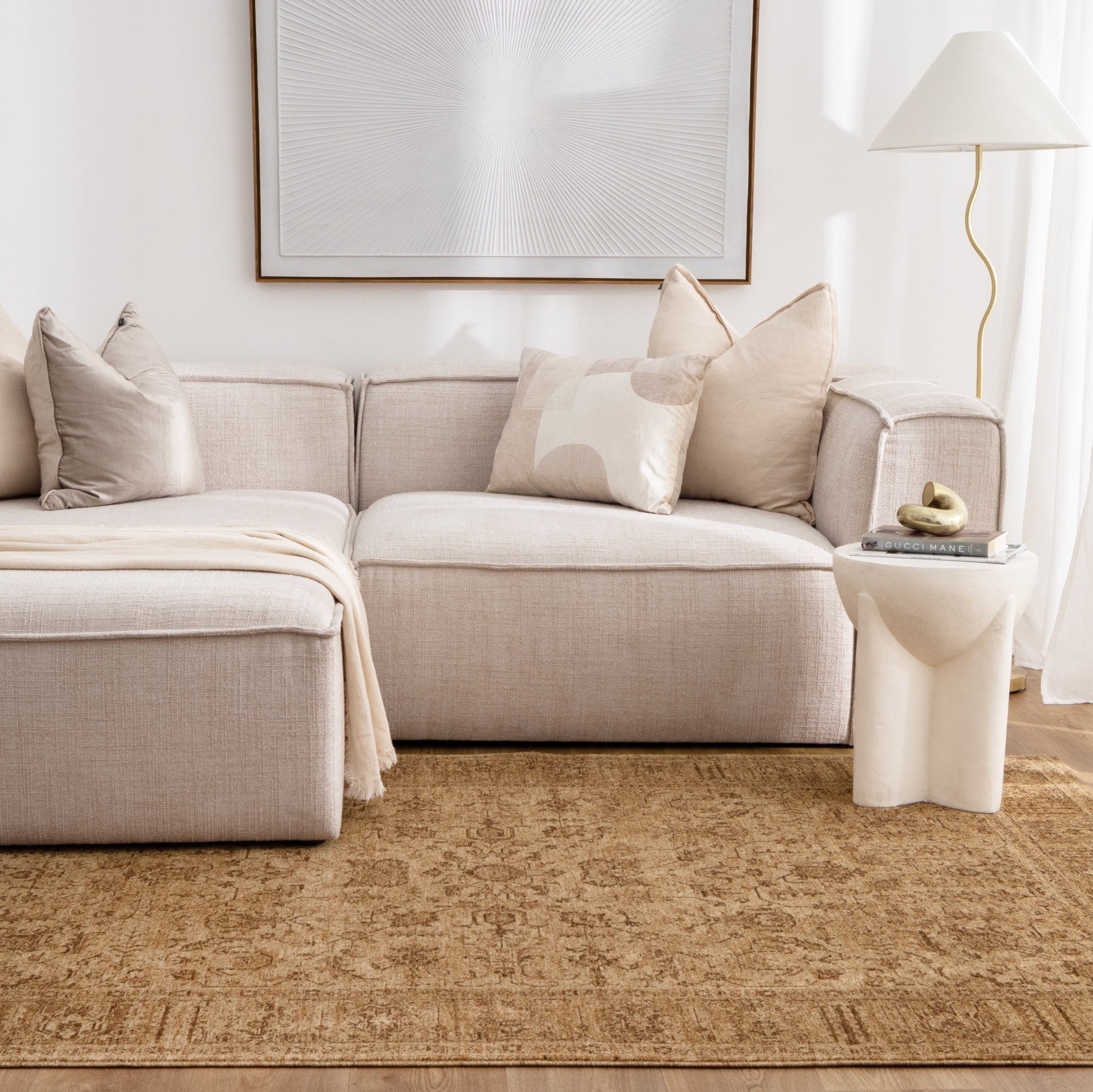 Heritage Distressed Border Mustard Rug - H105: (Different Tassel).