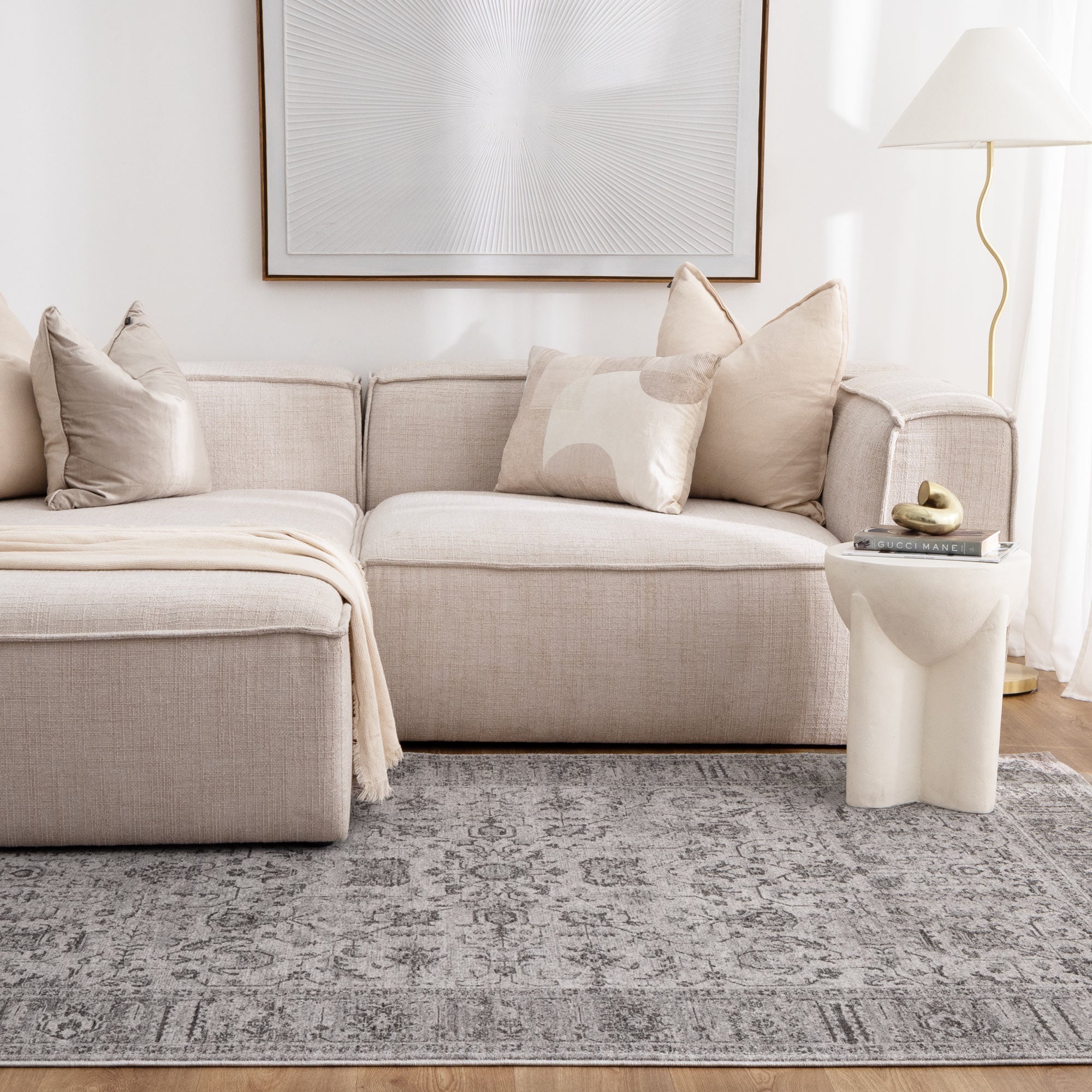 Heritage Distressed Border Grey Rug - H108: (Different Tassel).