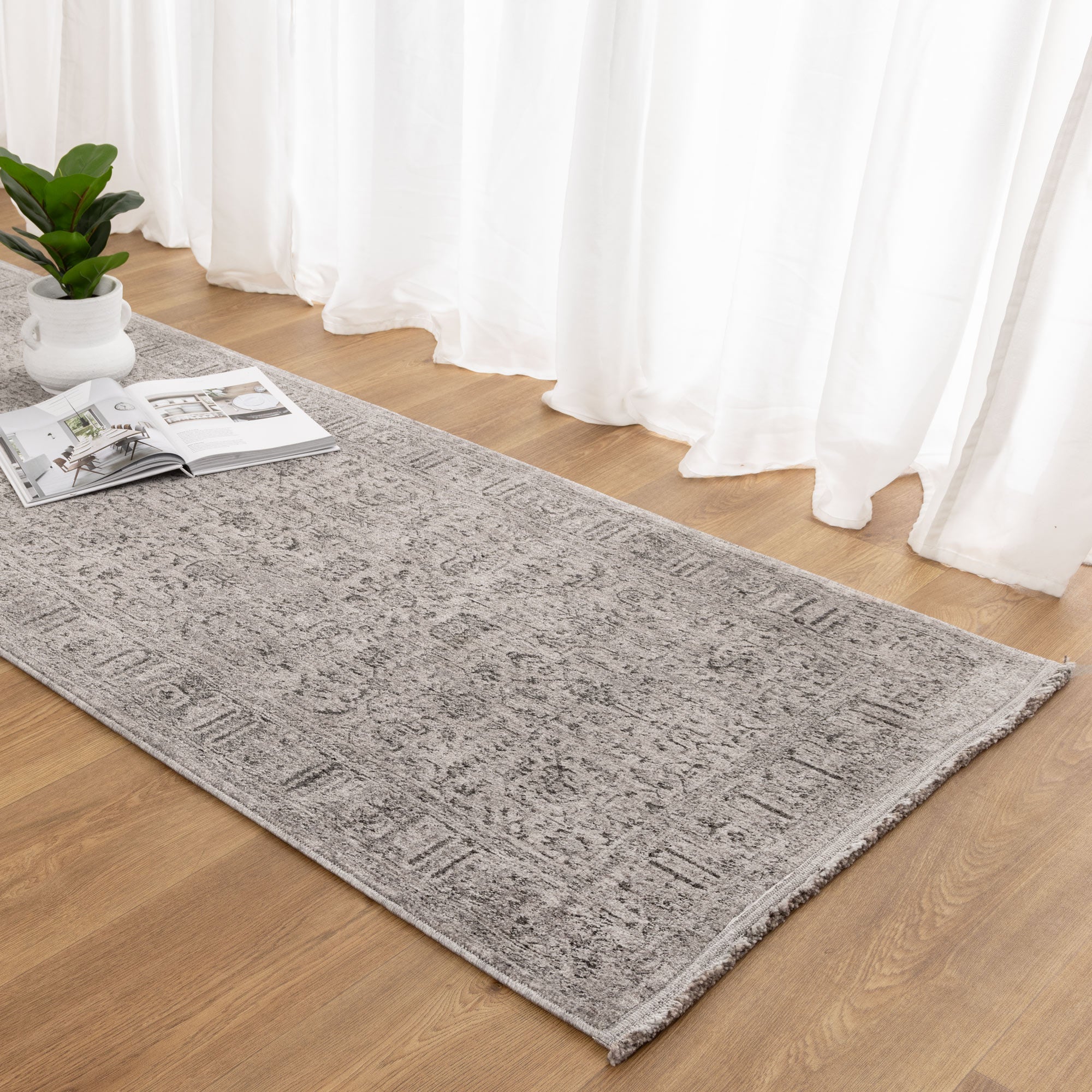 Heritage Distressed Border Grey Runner- H108: (Different Tassel) - Grey area rug rug from Vogue Rugs Australia