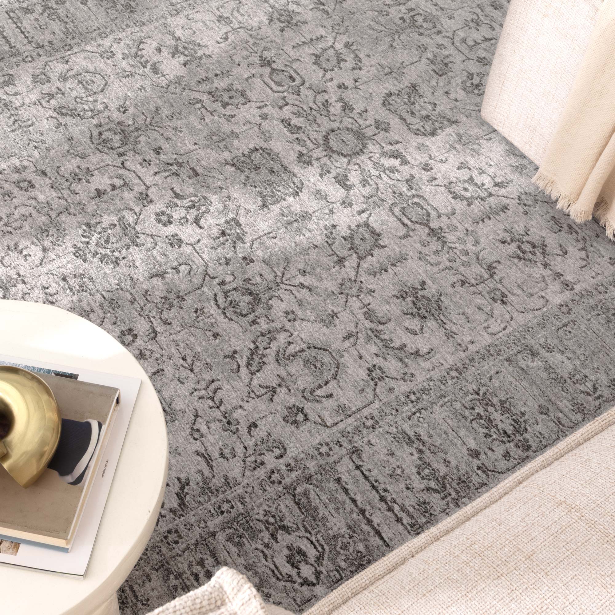 Heritage Distressed Border Grey Rug - H108: (Different Tassel).