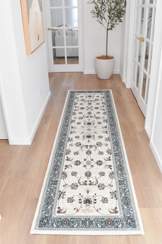 Riviera Traditional 84 Cream Blue Runner - Blue traditional rug from Vogue Rugs Australia