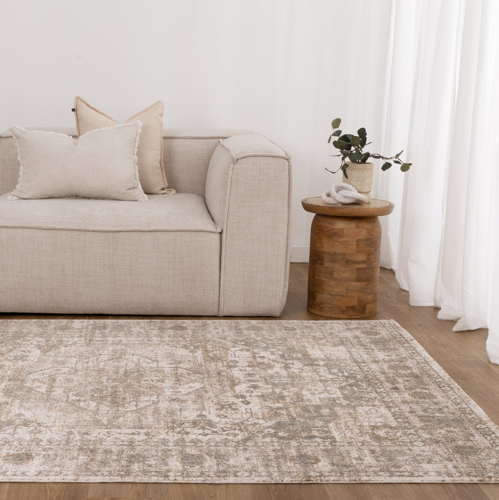 Solenne Cream & Olive Distressed Medallion Vintage Rug - S600 - Cream vintage rug from Vogue Rugs Australia